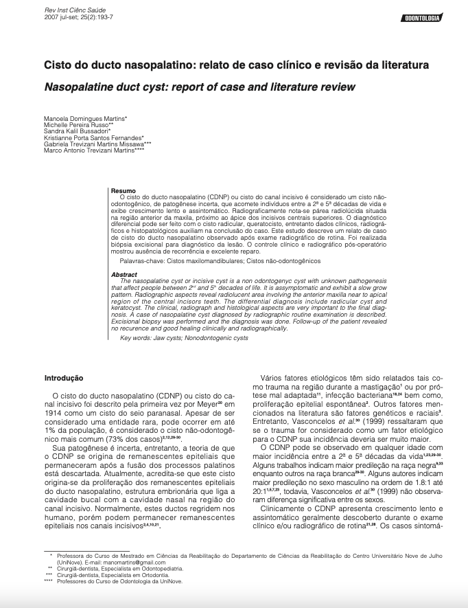 Cisto do ducto nasopalatino relato de caso clínico e revisão da